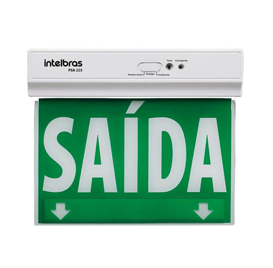 Placa de balizamento de saída de emergência em LED verde 24 por 18 cm com seta indicativa e autonomia de até 3 horas